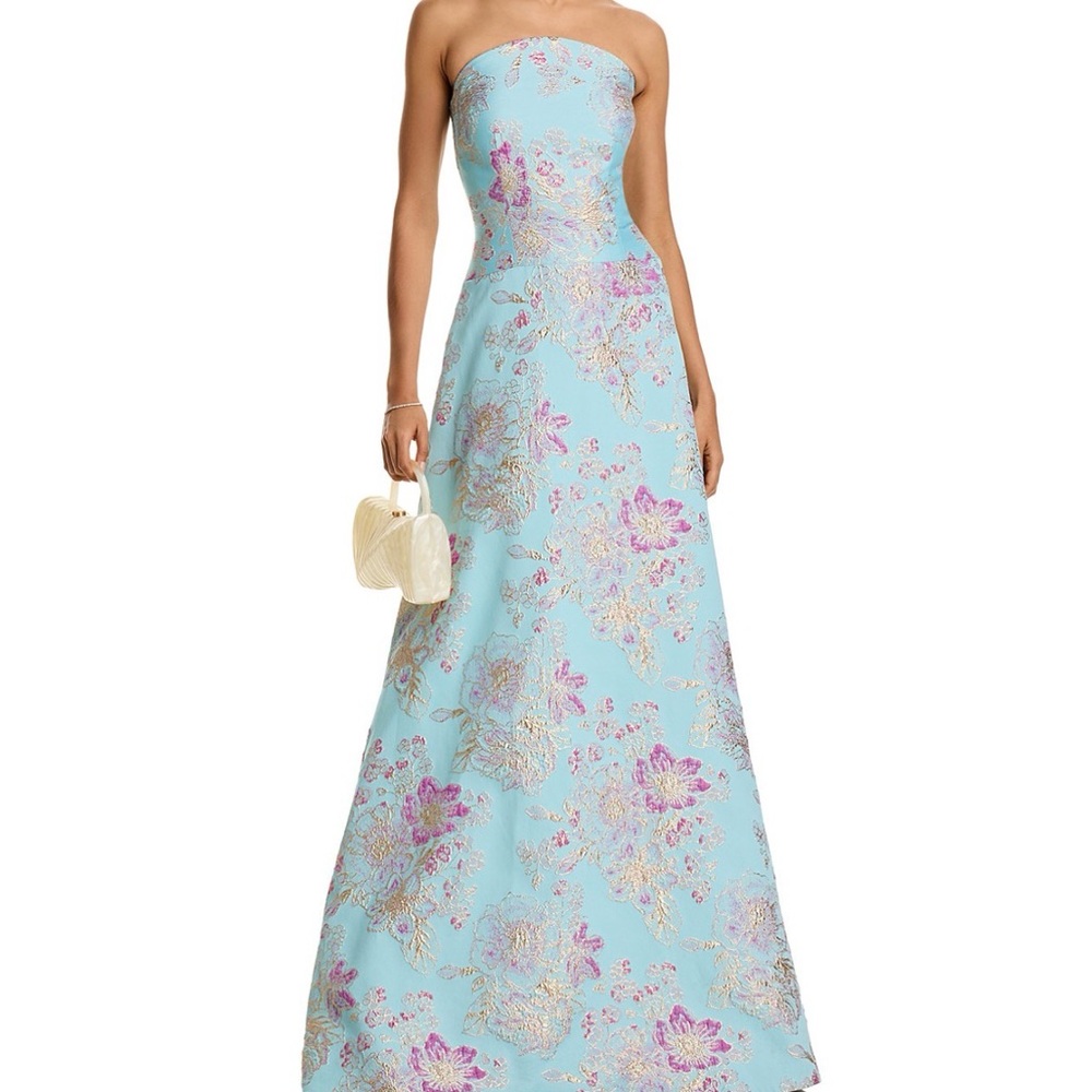 Rickie Freeman for Teri Jon Strapless Floral Dress in Blue and Pink